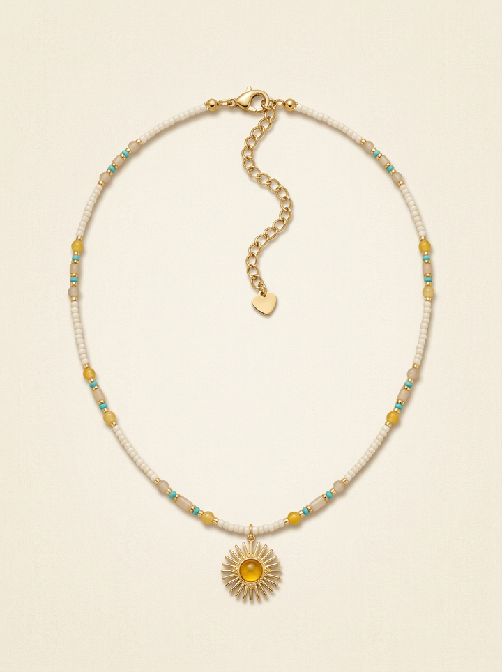 Natural Stone Beaded Necklace with Sun Pendant